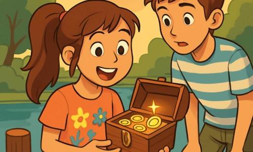 A 12-year-old girl named Isla stands at the edge of an old wooden pier, her face lit up by a smile of excitement and wonder. She has long brown hair tied in a messy ponytail and wears a colorful t-shirt with flower designs and denim shorts. In her hand, she holds a small open wooden chest filled with old coins and a sparkling locket. Next to her, her 14-year-old brother Finn watches with a curious expression. He has brown hair and wears a striped t-shirt and cargo shorts, leaning slightly forward, intrigued by the discovered treasure. The setting is an ancient pier surrounded by lush greenery, with majestic trees reflecting in the calm river water. The sky is tinted with golden and pink hues, indicating twilight, while birds fly above, adding life to the scene. Isla, amazed, discovers the hidden treasure in the chest, her heart racing with excitement as she realizes she has solved a puzzle and found a real treasure.