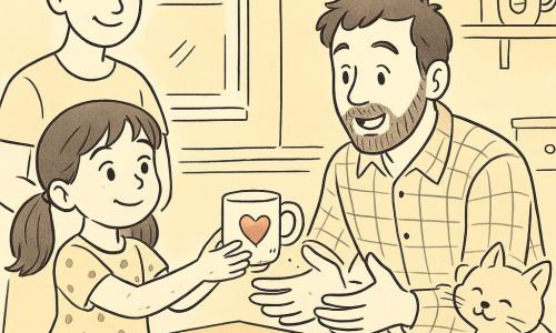 Niña de 6 años, feliz y algo tímida, ojos brillantes y sonrisa dulce, coletas y vestido de lunares; ofrece una taza hecha a mano con un mini imán 