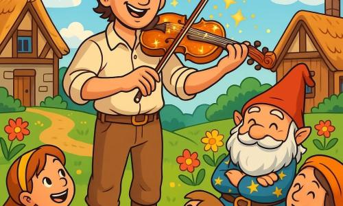 Alessandro, un uomo di circa trent'anni, ha un sorriso caloroso e occhi scintillanti di gioia. Indossa una camicia di lino beige e pantaloni di tela, con stivali di pelle consumati. Tiene in mano un violino magico scintillante mentre suona una melodia incantevole, i suoi capelli castani leggermente ondulati che fluttuano nel vento. Accanto a lui c'è Zaffiro, un piccolo gnomi dai capelli argentati e dalla folta barba, di circa 200 anni. Indossa una tunica colorata decorata con motivi stellati e sorride benevolmente, con le braccia incrociate, ammirando la musica di Alessandro. Lo scenario è un villaggio pittoresco con case di legno dai tetti di paglia, circondato da campi verdi e fiori colorati. Un cielo blu brillante è punteggiato di nuvole bianche e soffici, mentre gli uccelli volano gioiosamente intorno a loro. La scena principale mostra Alessandro, raggiante di felicità, che suona il suo violino magico, mentre i villaggi meravigliati si radunano attorno a lui, ascoltando attentamente la musica che porta gioia e speranza a tutti.