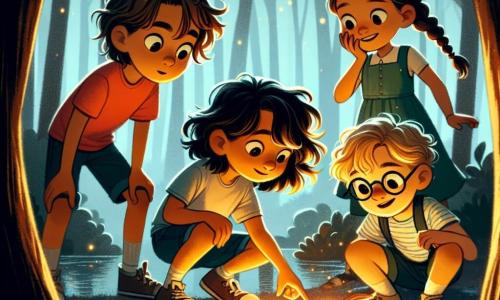 En un claroscuro misterioso, cuatro amigos están al borde de un lago brillante. Tomás, un niño de ocho años con cabello castaño desordenado, lleva una camiseta roja y un pantalón corto azul, observando con curiosidad la superficie del lago donde reflejos dorados danzan. Lucas, otro niño de ocho años con gafas y cabello rubio, señala una piedra brillante en el fondo del agua, su rostro iluminado por la emoción. Sofía, una niña de ocho años con largos cabellos negros trenzados, viste un vestido verde y sonríe sosteniendo una pequeña piedra brillante en sus manos, asombrada por su hallazgo. Valentina, una niña de ocho años con cabello castaño rizado, está un poco apartada, con los brazos cruzados, pero su mirada está fija en el lago, intrigada por el misterio que lo rodea. El lago está rodeado de majestuosos árboles de troncos gruesos y hojas verdes brillantes, creando una atmósfera encantada y ligeramente inquietante. Los rayos del sol filtran a través de las ramas, proyectando sombras danzantes en el suelo. La escena principal muestra a los amigos descubriendo la piedra mágica en el fondo del lago, un momento de tensión y asombro, mientras una sombra misteriosa pasa furtivamente detrás de ellos, añadiendo un toque de suspense a esta aterradora aventura.