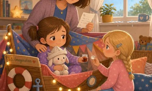 A tender, intimate scene: a 6-year-old girl with a round face and brown pigtails, looking gentle and a little tired, sits in a blanket fort holding her white plush rabbit Buttons wearing a paper hat and shyly offering a small cup of syrup; a friend, about 6, with blonde braided hair kneels at her right, contrite but caring, holding the syrup cap like a tiny spoon; behind them a calm, kindly mother in her mid-30s with short chestnut hair stands with a hand on the girl's shoulder reading a prescription; the cozy room has a cream plush rug, yellow string lights, an open window showing blue sky, colorful blankets forming a boat-like fort and star-and-anchor pillows, warm pastel colors, soft textures, simple rounded shapes and a comforting atmosphere.