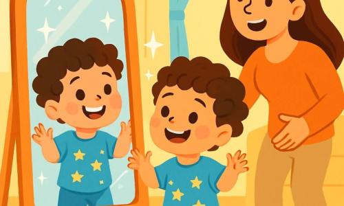 Un niño de 2 años, con cabello rizado y ojos brillantes, mira maravillado su reflejo en un gran espejo mágico. Son sonrisa es radiante, sus mejillas sonrosadas de alegría, y lleva una bonita camiseta azul con estrellas. A su lado, su mamá, una mujer sonriente de unos 30 años, con cabello largo y castaño, lo anima con los brazos abiertos, manteniéndose ligeramente atrás para dejarlo brillar. La escena tiene lugar en una sala luminosa, con paredes pintadas de amarillo pastel y juguetes coloridos esparcidos por el suelo. Una suave luz del sol entra por la ventana, iluminando el espejo que brilla intensamente. En esta situación, el niño descubre su reflejo y siente un gran orgullo al darse cuenta de que lleva su propia camiseta. Su sonrisa radiante muestra lo feliz y orgulloso que está de sí mismo.
