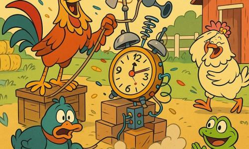 Um galo alegre e meio desastrado de penas vermelhas e douradas vibrantes, crista ereta e olhar risonho, em pé sobre uma caixa de madeira puxando com entusiasmo a corda de um engenho improvisado; ao lado, o pato Pato Evaristo, redondo e cômico, de penas verdes-azuladas e expressão assustada, segura um elástico; atrás, Dona Maricota, uma galinha rechonchuda de penas creme e chapéu florido, ri e se protege com uma asa; em primeiro plano, Sapo Sabino, um sapinho com uma tigela de pipoca, sentado num toco e aplaudindo; ao centro, um despertador caseiro gigante e excêntrico com cataventos de metal, molas à mostra, buzina de bicicleta velha, botões coloridos, fios emaranhados, corda esticada e caixas de papelão empilhadas de forma caótica; cenário: quintal de fazenda ensolarado com chão de terra batida, cerca de madeira esbranquiçada, fardos de palha, flores silvestres, um pequeno lago azul e um celeiro vermelho; plumas multicoloridas voando, milho saltando no ar e uma nuvenzinha de poeira marcam o teste cômico em que o despertador dispara de forma exuberante e alegre.