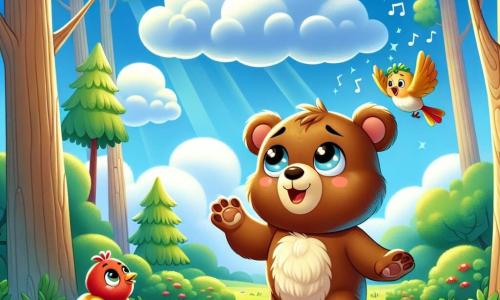 Um pequeno urso pardo chamado Lino, com grandes olhos redondos e brilhantes, está no meio de uma clareira ensolarada, com um sorriso curioso no rosto. Ele observa as nuvens brancas e fofas flutuando em um céu azul radiante, com as patas dianteiras levantadas como se quisesse tocá-las. Perto dele, um pássaro colorido, com penas vermelhas e amarelas, empoleira-se em um galho baixo, cantando alegremente e olhando para Lino com um olhar amigável. A clareira é cercada por grandes árvores de troncos grossos, cujas folhas verdes dançam suavemente ao vento, enquanto flores multicoloridas salpicam o chão, adicionando um toque de magia ao ambiente. Lino, cheio de entusiasmo, se prepara para seguir o vento que lhe sussurra segredos, pronto para descobrir o que faz seu coração bater.