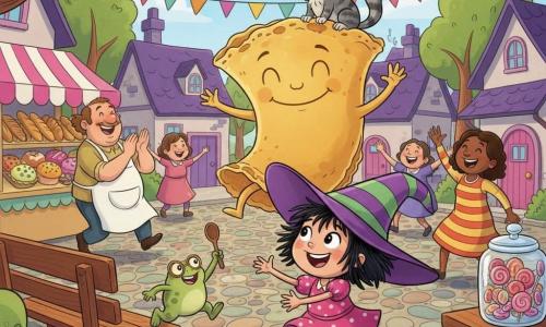 A joyful, mischievous little witch named Wanda with a too-big purple-and-green striped hat, short messy black hair and a pink polka-dot dress laughs and reaches for a dancing golden pancake; beside her on a bench edge a small smiling green toad named Fiddly wearing tiny round glasses jumps toward the pancake waving a wooden spoon, while a curious grey tabby cat, Mr. Whiskers, perches on Wanda’s shoulder, and a broad jovial baker in a floury white apron and a cheerful candy seller in a striped dress clap and dance near colorful bread and lollipops as villagers circle the village square—paved with round colored stones, lined with small houses with purple roofs and pink doors, waving trees and bunting—watching the smiling, skipping pancake perform amid vivid colors and lively, exaggerated movements.
