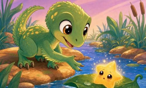 Riki, een vrolijke dappere velociraptor met korte zachtgroene veren, gele vlekjes en snelle pootjes, hurkt en steekt een poot uit naar een gevallen ster; de ster is rond, lichtgevend en verlegen, ligt op een blad in het water en fluistert, het moeras heeft glanzend water, natte donkergroene bladeren, okerkleurige stenen en een zacht gestreepte paarse lucht, scène: Riki helpt de ster aan de rand van een klein bassin, tedere magische sfeer, gecentreerde compositie, zachte lijnen, verzadigde pasteltinten en afgeronde contouren.