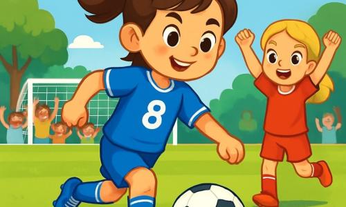 Een jong meisje, Nora, ongeveer 10 jaar oud, staat in het midden van de afbeelding. Ze draagt een blauwe voetbalshirt met nummer 8, haar bruine haar is in een paardenstaart gebonden, en haar gezicht straalt blije vastberadenheid uit. Ze dribbelt de voetbal op een groen veld. 

Aan haar rechterkant staat haar beste vriendin Sam, ook 10 jaar oud, met blond haar en een rood shirt. Ze moedigt Nora aan met een grote glimlach en heft haar armen in de lucht. 

Op de achtergrond is het voetbalveld omringd door enthousiaste toeschouwers, groene bomen en een blauwe lucht met witte wolken. 

De belangrijkste situatie toont Nora in actie, rennend met de bal, klaar om deze aan haar teamgenoot door te geven, terwijl het andere team, de Rooden, zich voorbereidt om te verdedigen. De sfeer is dynamisch en vol energie, wat de teamgeest en het plezier van het spel illustreert.