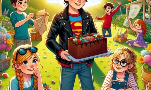 In un giardino soleggiato, quattro bambini di dieci anni si riuniscono per celebrare la festa del papà. Luca, un ragazzo con i capelli castani disordinati e una giacca rossa, tiene una grande torta al cioccolato decorata con supereroi. Alla sua destra, Anna, una ragazza con i capelli biondi intrecciati, appende festoni colorati agli alberi, con un grande sorriso. A sinistra, Marco, un ragazzo con occhiali leggermente storti e capelli castani, legge un indizio della caccia al tesoro, concentrato. Infine, Giulia, una ragazza con un cappello blu e occhiali da sole, disegna stelle su un cartellone, seduta sull'erba. Il giardino è pieno di fiori colorati, palloncini e un grande tavolo decorato con piatti di dolci. I raggi del sole illuminano la scena, creando un'atmosfera gioiosa e festosa. I bambini si preparano a sorprendere i loro papà con una festa a tema supereroi, con giochi, risate e una deliziosa caccia al tesoro.