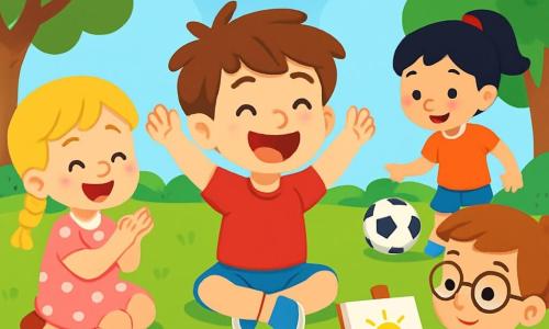 A 4-year-old boy, Tommy, with messy brown hair and a big joyful smile, is sitting on the green grass of the park, surrounded by his friends. He is wearing a red t-shirt and blue shorts, raising his arms in excitement. Next to him, Lily, a 4-year-old girl with braided blonde hair and a pink polka dot dress, is clapping with a bright smile, ready to share her club idea. Sam, a 4-year-old boy with brown hair and round glasses, is sitting and painting on a canvas, while Mia, a 4-year-old girl with a ponytail, is dribbling a soccer ball nearby. The park is filled with colorful flowers, lush trees, and a bright blue sky, creating a joyful and welcoming atmosphere. In the center of the image, the children are gathered in a circle, enthusiastically discussing their new club, each expressing their creativity and happiness, illustrating gender equality in play and friendship.