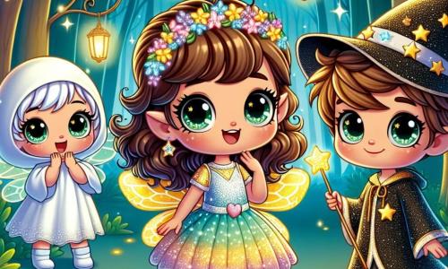 A 7-year-old girl, Lily, with curly brown hair and sparkling eyes of joy, wears a beautiful shimmering fairy dress and shiny wings. She smiles in wonder, holding a magic wand in her hand, ready to explore a magical world. Next to her, Mia, also 7, is dressed as a little witch with a black pointed hat and a starry gown. She looks at Lily with a big smile, holding a small broom decorated with glitter. Jake, a 7-year-old boy, is dressed in a white sheet as a ghost, his big round eyes showing a mix of excitement and nervousness. He stands a bit back, observing curiously. The setting unfolds in an enchanted forest, where trees with sparkling trunks rise to the sky, adorned with glowing lanterns and golden leaves that shine like stars. Magical creatures, like fairies and fantastic animals, hide in the bushes, adding a touch of mystery to the environment. The main scene shows Lily and her friends discovering a magical mirror that glows with mysterious light as they prepare to enter a world filled with adventures and surprises. The bright colors and enchanting details create a joyful and captivating atmosphere, perfect for a Halloween story.
