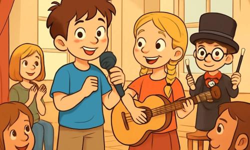 Un ragazzo di 10 anni, con i capelli castani in disordine e un sorriso timido, si trova sul palco con un microfono in mano. Indossa una maglietta blu brillante e pantaloni corti beige, i suoi occhi brillano di eccitazione e nervosismo. Accanto a lui, una ragazza di 9 anni, con i capelli biondi intrecciati, lo incoraggia con un grande sorriso, tenendo una chitarra. Un ragazzo di 10 anni, con occhiali tondi e un cappello nero, si prepara a fare un trucco di magia sullo sfondo, concentrato ed entusiasta. Il luogo è un'aula trasformata in un piccolo teatro, con festoni colorati appesi al soffitto e sedie di legno disposte a semicerchio. Genitori e compagni di classe sono seduti, i loro volti illuminati dall'anticipazione. La situazione principale mostra il ragazzo che, nonostante l'apprensione, prende un grande respiro e inizia a parlare al pubblico, condividendo il suo talento con coraggio e determinazione, mentre la sala lo ascolta attentamente, creando un'atmosfera calorosa e incoraggiante.