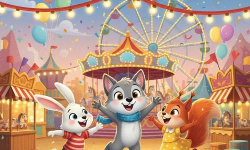 The main character is Wally, a cheerful anthropomorphic gray wolf with soft fur, big bright eyes and a sparkling blue scarf, jumping with arms outstretched to embrace his friends; secondary characters: Benny the white rabbit with pink ears, a red-and-white striped t-shirt, running toward Wally on his left, and Clara the red squirrel with a bushy tail and a yellow polka-dot dress, hopping on her tiptoes to his right; the scene is a colorful twilight carnival with red-and-gold banners, wooden stalls, warm string lights, pastel balloons, a carousel and Ferris wheel in the background; the three friends reunite joyfully at the base of the Ferris wheel under twinkling lights with confetti and bubbles floating around, festive warm atmosphere, vivid palette and clean vector-style lines.