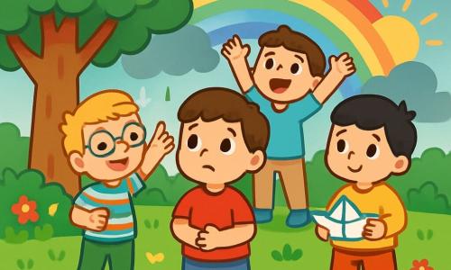 Há 4 crianças: - Miguel: um menino de 4 anos com cabelo castanho e olhos brilhantes. Ele usa uma camiseta vermelha e um short azul, está no centro, um pouco preocupado, olhando para o céu nublado. - Tomás: um menino de 4 anos com cabelo loiro e óculos redondos. Ele veste uma camisa listrada e uma calça verde, está à esquerda de Miguel, sorrindo e apontando para as nuvens. - Rafael: um menino de 4 anos com cabelo preto e bochechas redondas. Ele usa um moletom amarelo e um short laranja, está à direita de Miguel, segurando um pedaço de papel para fazer um barco. - Lucas: um menino de 4 anos com cabelo castanho e um grande sorriso. Ele veste uma camiseta azul clara e uma calça bege, está atrás de Miguel, levantando os braços, feliz por ver o sol surgindo entre as nuvens. O lugar é um parque verde, com uma grande árvore de folhagem densa, flores coloridas ao redor e poças d'água brilhantes no chão após a chuva. O céu ainda está levemente nublado, mas um arco-íris começa a aparecer, adicionando cores vibrantes à cena. A situação principal mostra as crianças brincando juntas sob a árvore, com barcos de papel flutuando nas poças d'água. Miguel, embora inicialmente preocupado por causa da chuva, agora sorri ao olhar para seus amigos e o lindo arco-íris acima deles.