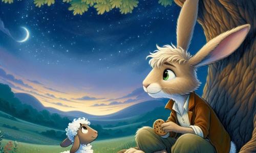 An illustration depicts a young male rabbit with large ears and soft fur, sitting under a large oak tree, wearing a melancholic expression. His eyes shine with a hint of sadness as he holds a plate of cookies in his front paws, gazing at the starry sky with a nostalgic smile. Beside him is a young female sheep with fluffy white wool, gentle eyes, and a comforting expression, resting a paw on the rabbit's shoulder, sharing a moment of tenderness and support. She also looks at the sky, seeming to reflect on happy memories. The scene takes place in a vast green meadow, illuminated by the soft light of dusk, with colorful flowers swaying gently in the breeze. The majestic oak provides comforting shade while stars begin to twinkle, creating a peaceful and magical atmosphere. The main situation shows the two friends sharing a moment of remembrance, raising their cookies to the sky in tribute to a dearly departed person, surrounded by a warm and soothing ambiance. Additional graphic elements include bright stars, multicolored flowers around them, and a gentle breeze rustling the tree's leaves, symbolizing the connection between the earthly world and the sky.
