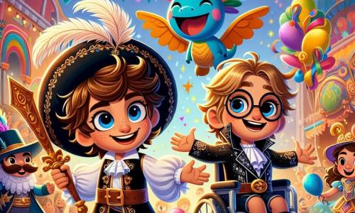 In una scena colorata del carnevale, vediamo tre personaggi principali: Marco, un ragazzo di nove anni con capelli castani e un grande sorriso, indossa un costume da pirata nero e solleva con entusiasmo una spada di legno; Luca, anche lui di nove anni, con capelli biondi e occhiali rotondi, è seduto in una sedia a rotelle decorata con palloncini, indossa un costume da cavaliere di cartone e ride di gusto; Fluffy, un piccolo drago blu con squame scintillanti e grandi ali, vola felicemente sopra di loro lanciando stelle filanti colorate. La scena si svolge in una piazza animata, piena di decorazioni festive, con bandierine colorate nel cielo e bambini in costume che ballano. Marco e Luca danzano con Fluffy, mentre i fuochi d'artificio illuminano i loro volti meravigliati.