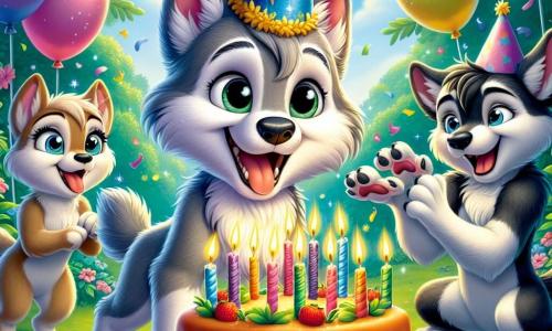 En el centro de la imagen, un joven lobo llamado Lucas, con un suave pelaje gris y ojos brillantes de alegría, está de pie sobre sus patas traseras, con una gran sonrisa iluminando su rostro. Lleva un sombrero de fiesta azul brillante con una pequeña estrella dorada en la cima, mientras se prepara para soplar sobre un enorme pastel de zanahoria decorado con once velas de colores. A su derecha, su mejor amiga Lina, una pequeña loba de ojos vivos y pelaje marrón claro, salta de alegría con las patas levantadas, su expresión radiante de felicidad. A la izquierda, Max, un lobo musculoso con pelaje negro y manchas blancas, aplaude con entusiasmo, sus ojos brillando de emoción. La escena transcurre en un jardín encantador, lleno de flores coloridas y guirnaldas de hojas verdes. Globos flotan en el aire, creando una atmósfera festiva, mientras un cielo azul claro y soleado se extiende sobre ellos. La situación principal muestra a Lucas, rodeado de sus amigos, listo para soplar las velas de su pastel de cumpleaños, mientras una magia centelleante comienza a emerger del pastel, prometiendo una fiesta inolvidable.