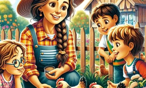 Marta, una mujer de unos treinta años con largos cabellos castaños trenzados, lleva una camisa de cuadros colorida y un amplio sombrero de paja. Sonríe cálidamente, con los ojos brillantes de alegría, mientras muestra a los niños cómo alimentar a las gallinas. Un grupo de cuatro niños, dos chicas y dos chicos, de entre 8 y 10 años, la rodea con los ojos abiertos de asombro. La primera chica, con cabellos rubios rizados, sostiene un pequeño cubo de granos, mientras que el segundo chico, de cabello castaño, se agacha para observar una gallina que picotea el suelo. La tercera niña, con gafas y trenzas, toma notas en un pequeño cuaderno, y el último chico, con una camiseta roja, ríe al mirar a las gallinas. La escena tiene lugar en un encantador jardín de granja, rodeado de cercas de madera, con flores coloridas bordeando el camino y un cielo azul brillante de fondo. Se pueden ver árboles frutales y un huerto verde cercano, añadiendo vida y color al entorno. Marta explica con entusiasmo a los niños cómo cuidar a los animales de la granja, mostrándoles cómo alimentar a las gallinas mientras comparte anécdotas divertidas sobre la vida en la granja.