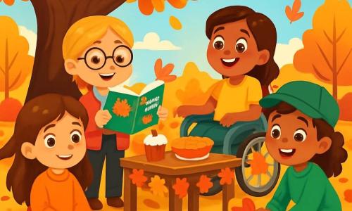 Hay 4 niños: - Luna: una niña de 8 años con cabello largo castaño y ojos brillantes, vestida con un suéter naranja y jeans, sentada sobre una manta de cuadros, rodeada de hojas de colores. - Amelia: una niña de 8 años con trenza rubia y gafas redondas, lleva una chaqueta roja y pantalones negros, de pie sosteniendo un libro abierto sobre leyendas de otoño. - Valeria: una niña de 8 años con cabello castaño y una sonrisa radiante, en su silla de ruedas decorada con hojas de otoño, mirando a sus amigas con entusiasmo. - Sofía: una niña de 8 años con cabello rizado y una gorra verde, agachada recogiendo una hoja en forma de corazón del suelo, sonriendo ampliamente. El lugar es un parque de otoño vibrante, con árboles de hojas doradas, rojas y naranjas, y un gran roble en el centro. El cielo es azul claro con algunas nubes blancas. La situación principal muestra a los niños celebrando su propia "Fiesta de las Hojas", riendo y divirtiéndose, rodeados de decoraciones de hojas y pasteles de temporada en una mesa de madera, creando una atmósfera alegre y mágica que captura el espíritu de amistad y descubrimiento.