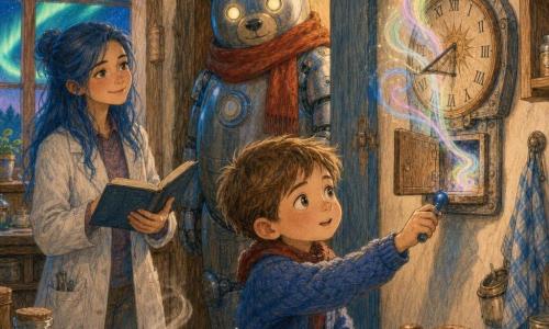 Un niño de 6 años de rostro redondo, pelo castaño corto, ojos grandes y curiosos y expresión sonriente de sorpresa sostiene con delicadeza una pequeña palanca azul brillante bajo un viejo reloj de sol en la pared de la cocina; una científica de unos 30 años con el pelo largo teñido de azul y bata blanca algo arrugada observa desde una mesa sosteniendo un cuaderno abierto; un robot-oso amistoso de metal pulido con ojos luminosos y una gran bufanda roja vigila en la puerta; la cocina, cálida y sencilla, tiene una mesa de madera clara, una taza de leche humeante y una ventana con un cielo verde-azulado como una aurora; al activar el niño la palanca, del reloj surge una luz en espiral de colores, capturando el instante mágico y sereno del inicio de un viaje en el tiempo, con texturas de madera, reflejos metálicos y hilos de luz nítidos.