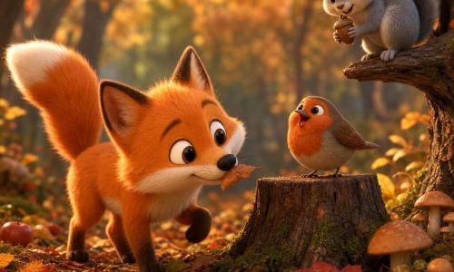 Small round red fox with fluffy bright orange fur, white chest and large shiny round eyes, curious content expression, sniffing a damp leaf and wagging its bushy tail; light gray squirrel with nimble paws, playful look, holding an acorn on a low branch to the fox's right; robin with reddish-brown round body perched on a stump in front of the fox, looking cheerful and singing softly; forest path covered in thick orange, yellow and red leaves, dark wet earth, a few fallen apples and round mushrooms, soft golden autumn afternoon light; simple tactile scene of the fox walking gently on crackling leaves, shrugging with pleasure, calmly interacting with the squirrel and robin around a small clearing.