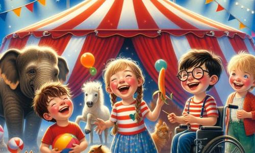 Al centro della scena, quattro bambini si tengono insieme, tutti sorridenti e pieni di energia. A sinistra, Marco, un ragazzo di 10 anni con capelli castani disordinati e una maglietta rossa, fa un gesto comico tenendo una grande banana. Accanto a lui, Sara, una ragazza di 9 anni con capelli biondi intrecciati, ride di gusto tenendo una carota per un pony. A destra, Luca, un ragazzo di 10 anni con occhiali e capelli neri, cerca di giocolare con palle colorate, mentre Giovanni, un ragazzo di 11 anni in sedia a rotelle con capelli castani, sorride felicemente osservando i suoi amici con ammirazione. Il decor è una grande tenda da circo con strisce rosse e bianche sotto un cielo blu. Luci scintillanti illuminano la scena, e animali come un elefante e un pony si trovano sullo sfondo. I bambini stanno preparando un numero comico per lo spettacolo di circo, ridendo e divertendosi insieme, mentre un clown colorato, Bobo, li incoraggia a lanciarsi in gags esilaranti. L'atmosfera è gioiosa e festosa, piena di risate e amicizia.