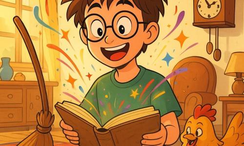 Un ragazzo di 12 anni, con capelli arruffati e occhiali rotondi, è al centro dell'immagine, con gli occhi spalancati dalla sorpresa e un ampio sorriso sul volto. Tiene un vecchio libro dalle pagine ingiallite, mentre una scopa danzante svolazza attorno a lui, proiettando scintille di magia colorata. Accanto a lui, un pollo vivace, con piume dorate e un'aria maliziosa, becca delle uova di cioccolato che rotolano sul pavimento. Sullo sfondo, un vecchio soggiorno in disordine, con mobili in legno, un tappeto colorato e un grande orologio a cucù, da cui esce un altro pollo, aggiungendo un tocco comico alla scena. La stanza è piena di luce, con i raggi di sole che filtrano attraverso una finestra, illuminando i bagliori di magia e le uova di cioccolato sparse. La scena principale mostra il ragazzo meravigliato dal caos magico che lo circonda, mentre la scopa continua a danzare allegramente, creando un'atmosfera sia divertente che fantastica.