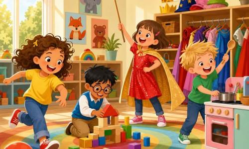 Vier kinderen: Mila (meisje, 6) met krullend bruin haar en brede glimlach rent links naar een bal; Noor (jongen, 6) met kort zwart haar en ronde bril knielt bij een blokhuis dat hij bouwt; Sam (meisje, 6) met kort haar en speldje draagt een glanzende rode jurk over een broek en een speelgoedcape en trekt een vlaggetje als een "ridderprinses"; Finn (jongen, 6) met warrig blond haar en groen T-shirt rechts lacht en gooit een houten lepel alsof hij kookt. Locatie: heldere, kleurrijke klas met lichte houten vloer, rond gestreept kleed, lage planken met blokken, pastel speelgoedkeuken, open verkleedkast, dieren- en alfabetposters en grote ramen met gouden licht. Hoofdsituatie: de vier spelen samen zonder gendersregels — rennen naar een bal, bouwen, zich verkleden en koken tegelijk; vrolijke gezichten, dynamische gebaren, levendige kleuren, evenwichtige compositie die samenwerking en keuzevrijheid toont.