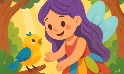 Una dolce fata di nome Lila, una donna con ali scintillanti e lunghi capelli ondulati di colore viola, sorride con tenerezza. Indossa un vestito fatto di petali di fiori multicolori e si china con benevolenza verso un piccolo uccello, i suoi occhi brillano di gioia ed empatia. Accanto a lei, un piccolo uccello dalle piume gialle e blu, con uno sguardo curioso e riconoscente, si trova su un ramo, pronto a provare a volare. Il decor è un magnifico boschetto incantato, pieno di alberi dai tronchi nodosi, fiori vivaci e raggi di sole che filtrano tra le foglie, creando un'atmosfera magica e calorosa. La situazione principale mostra Lila che aiuta l'uccello a ritrovare fiducia in sé, mentre si prepara a spiegare le ali per la prima volta, circondato da un'atmosfera di sostegno e amicizia.