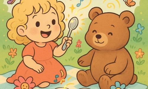 A joyful, wide-eyed 2-year-old girl with curly blond hair holds a small sparkling spoon that emits golden sparks and musical notes; beside her on a blanket sits a big brown teddy bear raising a paw as if to sip tea, while bright flowers with tiny legs dance, colorful butterflies spiral, and a round old teapot pours shimmering tea into miniature cups in a sunny garden, creating a playful, magical tea party.