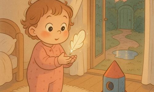 A 2-year-old girl with a round face, rosy cheeks and short light-brown curls stands on a fluffy rug in a cozy twilight bedroom, holding a cloud-like white feather with a silvery center and sparkling tip that hovers above her hand as she tenderly watches it; beside her on the porch is a worn blue-and-red cardboard rocket, and through the open window a garden with a paved path, a mirror-like puddle and a green gate offer three paths she seems to hesitate between, all rendered in soft pastel tones, warm dusk light, gentle shadows and rounded, pencil-textured comic style.