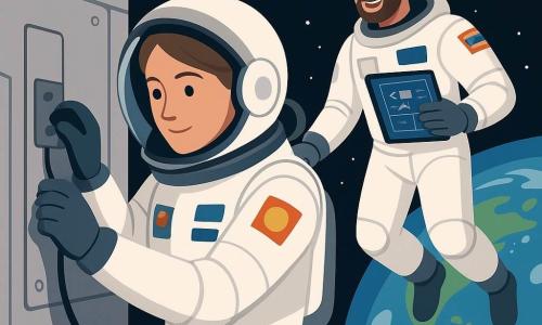 Kobieta-ok.28 lat, astronautka o łagodnej, skupionej twarzy i spokojnym uśmiechu, jasne oczy; w białym skafandrze z kolorowymi naszywkami, rękawicami i częściowo podniesionym hełmem, precyzyjnie mocuje małe metalowe narzędzie do uchwytu na zewnątrz stacji, trzymając taśmę zabezpieczającą; mężczyzna-ok.32 lata (Arun), lekko brodaty astronauta, z zachęcającym wyrazem twarzy unosi się za nią z tabletem ze schematem, gotów pomóc na wyciągnięcie ręki; tło: srebrna ścianka i niebieskie panele słoneczne stacji z widocznymi śrubami i uchwytami, głęboka czarna przestrzeń usiana małymi białymi gwiazdami, Ziemia zajmuje dużą część kadru z niebieskimi oceanami, białymi chmurami i zielonymi wybrzeżami oświetlona z boku; scena spokojna i skrupulatna — astronautka czyści niewielki osad i solidnie przymocowuje narzędzie, panuje skupienie, delikatne światło projektora.