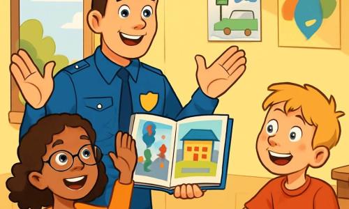 Ein lächelnder Polizist, ein Mann in seinen Dreißigern, trägt eine leuchtend blaue Uniform mit einem glänzenden Abzeichen auf der Brust. Er hat kurzes braunes Haar und strahlende Augen. Er steht vor einer Klasse junger Schüler und gestikuliert begeistert, während er ein großes illustriertes Buch über Sicherheit hält. Neben ihm hebt ein 10-jähriges Mädchen, Amira, mit lockigem Haar und Brille, lächelnd die Hand, bereit eine Frage zu stellen. Ein 11-jähriger Junge, Leon, mit blonden Haaren und Sommersprossen, sitzt auf seinem Stuhl, die Augen weit aufgerissen vor Aufregung, bereit, eine Idee zu teilen. Die Szene spielt in einem hellen Klassenzimmer mit gelben Wänden und bunten Plakaten zur Verkehrssicherheit und zum Respekt gegenüber anderen. Holztische sind in Reihen angeordnet, und ein großes Fenster lässt Sonnenlicht herein. Der Polizist Paul erklärt den Kindern, wie sie ihre Schule sicherer machen können, während die Schüler aufmerksam zuhören, gefesselt von seinen Geschichten und Ratschlägen.