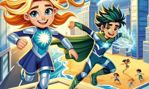 RayoLuz, uma jovem super-heroína de cerca de 12 anos, tem cabelos longos e brilhantes como raios de sol. Ela veste um uniforme azul profundo e prateado, com um rosto que expressa determinação alegre e olhos brilhando de excitação. Ela salta graciosamente de um prédio para outro, em uma postura dinâmica e confiante. Ventâneo, um garoto de 13 anos, é seu rival e amigo. Com cabelos desgrenhados de cor verde esmeralda e uma capa que flutua ao vento, ele cria correntes de ar ao seu redor, sorrindo travessamente, enquanto está em um telhado vizinho, pronto para ajudar. O cenário é a cidade de Lumínia, com arranha-céus brilhantes sob um céu azul radiante e uma praia urbana ao fundo, onde crianças brincam na areia dourada e ondas suaves quebram na costa. A situação principal mostra RayoLuz e Ventâneo unidos diante de uma tempestade de areia dourada que ameaça a cidade, prontos para desativar um misterioso dispositivo brilhante no centro da tempestade, demonstrando coragem e trabalho em equipe.