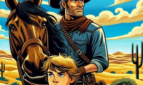 A cowboy in his thirties, wearing a black felt hat and a denim shirt, stands firmly on his horse, a large brown stallion named Whiskey. His face shows determination, and his eyes shine with courage as he scans the horizon. Beside him is a 12-year-old boy named Billy, with messy blonde hair and dusty clothes, looking on with admiration and a mix of worry, gripping Whiskey's mane. The backdrop is a vast desert landscape, with golden sand dunes stretching as far as the eye can see under a bright blue sky dotted with a few white clouds. In the distance, twisted mesquite trees rise, and the air is filled with heat. The scene captures the moment when Red and Billy, having just escaped a group of bandits, prepare to continue their journey to Silver Gulch, determined to face the dangers of the desert.