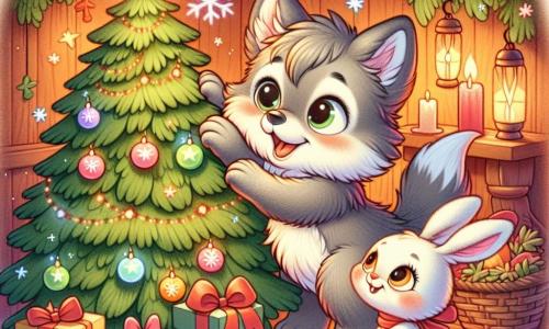 A small gray wolf with soft fur and bright, joyful eyes is placing a colorful star on top of a large Christmas tree. He is smiling widely, his tail wagging with excitement. Next to him, a little white rabbit with long ears and a red bow around her neck watches in wonder at the star they just created together. She is filled with happiness, her eyes sparkling with pride. The scene takes place in a cozy den decorated with twinkling lights and snowflakes, with colorful gifts piled around the tree. The soft light from the lamps creates a festive and welcoming atmosphere. The little wolf and the rabbit are celebrating the magic of Christmas by putting the finishing touch on their tree, filled with joy and friendship, ready to share an unforgettable moment.