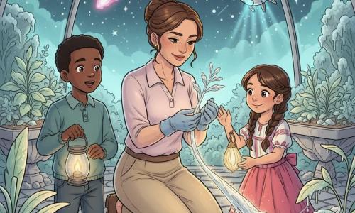 Asha, a ~35-year-old woman with a gentle freckled face and brown hair in a bun, kneels smiling and holds a small silver sprout in gloved hands; Nira, a small luminous silver plant-creature with sparkling threadlike ribbons, extends a glowing tendril to the ground and emits a warm light; Lyra, a compact silver drone-bird with metallic feathers, hovers above with a soft blue glow; a 9-year-old boy with short black hair stands to Asha’s left holding a smoked-glass lantern and singing in wonder, while an 8-year-old girl with braided hair and a colorful dress stands to her right offering a small feather-lamp with golden threads and touching a frosted leaf; the scene is a lunar garden under a translucent dome with floating beds of phosphorescent plants, semi-frozen greenery, silver stone paths, and a starry sky with pink comets and teal nebulae, showing Asha and Nira weaving warm light to gently melt the frost as the children and drone assist in a tender, luminous, hopeful healing moment.