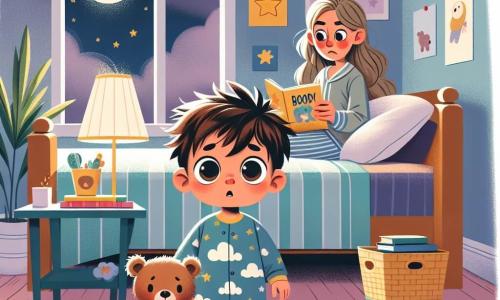 A one-year-old boy with messy brown hair and big curious eyes stands in his room, looking both fearful and amazed at the soft light of his star-shaped nightlight. He wears a blue pajama with cloud patterns and tightly holds his teddy bear. His mother, a woman in her thirties with long blonde hair, sits on the bed reading him a story with a reassuring smile, surrounded by colorful books. She wears a cozy sweater and leggings. The room is decorated with pastel walls, posters of planets and animals, and a fluffy rug on the floor. A window lets in moonlight, creating a soft and soothing atmosphere. The main scene shows the little boy, slightly anxious but comforted by his mother's presence and the nightlight, ready to dive into a world of dreams while listening to the story.