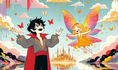 Valerio, un pequeño vampiro de 8 años con cabello negro desordenado y ojos llenos de curiosidad, está al borde de un lago mágico. Lleva una capa roja que flota suavemente en el viento, y su rostro expresa una inmensa alegría mientras admira el reflejo de las nubes en el agua. A su lado, Lila, una pequeña hada con alas brillantes y cabello dorado, vuela alegremente. Tiene alrededor de 6 años, con un vestido hecho de pétalos de flores coloridas, y sonríe mostrando las cascadas de colores detrás de ella. El decorado es un reino flotante, lleno de nubes esponjosas, castillos dorados suspendidos en el aire y flores cantantes que bailan al ritmo del viento. La escena principal muestra a Valerio y Lila compartiendo un momento de felicidad, riendo juntos al borde del lago, rodeados de la magia de su mundo fantástico.