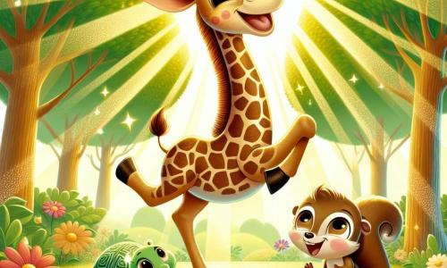 Uma girafa alegre chamada Gigi, com um longo pescoço manchado e um grande sorriso, dança no centro de uma clareira ensolarada, cercada por flores coloridas e árvores com folhas verdes brilhantes. À sua direita, um pequeno esquilo chamado Tico, com pelagem marrom e olhos brilhantes, salta de alegria aplaudindo, enquanto à sua esquerda, uma tartaruga sábia e sorridente, com uma carapaça verde decorada, se move lentamente, olhando Gigi com admiração. A cena ocorre em uma floresta encantada, onde os raios de sol penetram através dos galhos, iluminando a clareira com uma luz dourada e criando uma atmosfera mágica. Gigi e seus amigos celebram juntos a alegria da amizade e da dança, rindo e se divertindo em um ambiente festivo e colorido.