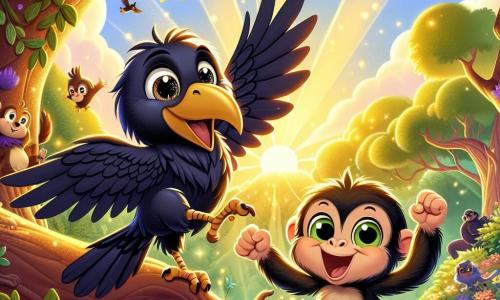 Um corvo chamado Cacau, com plumagem preta brilhante e olhos curiosos, está empoleirado em um galho, com o bico levemente aberto e um grande sorriso no rosto, expressando uma alegria contagiante. Ao seu lado, uma macaca travessa chamada Mimi, com pelagem marrom e olhos travessos, faz piruetas no ar, com os braços estendidos para o céu, cheia de energia e felicidade. Ao fundo, uma floresta exuberante banhada por luz dourada, com árvores majestosas, flores coloridas e um céu azul salpicado de nuvens brancas, criando uma atmosfera mágica. A cena mostra Cacau e Mimi descobrindo uma pequena pedra brilhante no chão, cercados por uma infinidade de animais da floresta que os observam com curiosidade, prontos para viver uma aventura cheia de risos e surpresas.