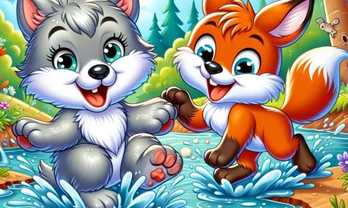Um pequeno Lobo com pelos cinzentos e sedosos, com grandes olhos brilhantes de travessura, ri alto enquanto salta alegremente em uma poça d'água. Ao seu lado, uma Raposa astuta com pelagem laranja vibrante e uma cauda espessa, respinga lama enquanto ri, seus olhos brilhando de alegria. Um Coelho com grandes orelhas brancas, com um sorriso travesso, está pulando na água, espirrando o Lobo e a Raposa. A cena acontece à beira de um riacho cintilante, cercado por árvores verdes e flores coloridas, sob um céu azul ensolarado. Os amigos se divertem juntos, rindo e brincando na água, criando uma atmosfera de felicidade e camaradagem.