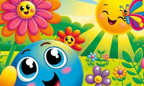 Bobby, a small colorful ball with a joyful smile, rolls in a sunny garden, his eyes sparkling with happiness as he gets ready to play. The flowers, cheerful characters with bright petal colors, dance in the wind, their smiling faces expressing the excitement of play. A pretty butterfly with multicolored wings delicately lands on a flower, its eyes shining with curiosity. The garden is filled with flowers of all colors, with golden rays of sunshine illuminating the lush landscape, creating a joyful and summery atmosphere. Bobby, surrounded by his flower friends, is about to play a game of hide and seek, while the butterfly watches them with a smile, adding to the magic of this beautiful summer day.