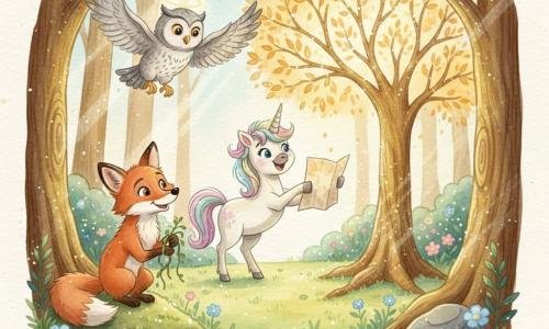 Lila, ein kleines Einhorn mit irisierendem perlmuttfarbenem Fell und pastellfarbener Mähne, lächelt erstaunt und streckt ein Huf zu einem leuchtenden Baum, während sie eine sanft glühende Karte öffnet; Max, ein roter Fuchs mit strukturiertem Pelz und schelmischen Augen, hockt links auf Moos, stolz die Szene beobachtend und zerknitterte Lianen haltend; Mia, eine Eule mit fein gezeichneten grau-weißen Federn, fliegt über ihnen, wachsam und gelassen und wirft einen kleinen Lichtschein; Schauplatz ist eine Lichtung im verwunschenen Wald mit gepolsterter grüner Wiese, leuchtenden blauen und rosa Blumen, alten Stämmen mit goldener Rinde und schrägen Sonnenstrahlen; die Freunde entdecken die Lichtquelle — einen großen Baum mit goldenen Ästen und schillernden Blättern, warme magische Atmosphäre, zentrierte Komposition, sanfte Farben und Lichtkontraste, die das Staunen betonen.