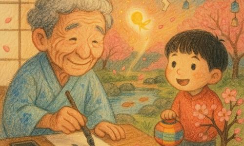 Un anciano llamado Genjiro, de rostro arrugado y cabello gris, vestido con un kimono azul pálido manchado de tinta, está sentado junto a una ventana de papel trazando caracteres con un pincel; a su derecha un niño de unos siete años con pelo negro y camisa roja observa maravillado junto a un bonsái de cerezo sosteniendo un farolillo de papel; sobre el pincel flota una pequeña luz espiritual amarilla pálida con chispas y pétalos rosas que parece guiar la mano de Genjiro; todo ocurre al crepúsculo en un jardín japonés con ramas de cerezo en flor, piedras húmedas, un estanque donde nadan peces dorados y banderolas y campanillas de papel que se mecen al viento, atmósfera serena, colores cálidos y textura de lápiz de color.