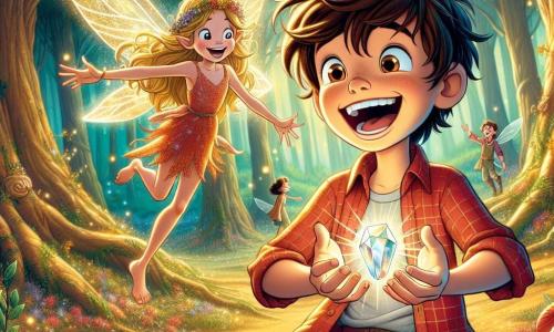 Un giovane di nome Marco, di circa 12 anni, si trova al centro della scena con un grande sorriso. Ha capelli castani disordinati, occhi brillanti di curiosità e indossa una camicia a quadri rossa e pantaloni di tela. Marco sta allungando la mano verso un cristallo scintillante, con un'espressione di meraviglia e gioia. Accanto a lui, una piccola fata di nome Lila, di circa 8 anni, fluttua nell'aria. Ha lunghi capelli dorati, ali traslucide che brillano e indossa un vestito di petali di fiori. Lila, con un sorriso radioso, guarda Marco con gratitudine, a braccia aperte. Il contesto è il magico Bosco delle Fate, pieno di alberi maestosi e foglie verdi. Fiori colorati punteggiano il terreno e lucciole brillano attorno a loro, creando un'atmosfera incantevole. La luce del sole filtra tra i rami, illuminando la scena con una dolce luce dorata. La situazione principale mostra Marco che scopre il cristallo perduto di Lila, un momento di connessione e amicizia tra loro, simboleggiando la magia dell'aiuto e della gentilezza in un mondo incantato.