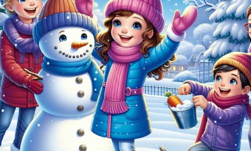 Una ragazza di 9 anni, di nome Sofia, si trova al centro della scena, con un grande sorriso sul viso. Indossa un bel cappotto blu vivo, un berretto rosa di lana e guanti abbinati. I suoi capelli castani, leggermente ricci, spuntano dal berretto. Sofia sta costruendo un grande pupazzo di neve, alzando le braccia con entusiasmo, con gli occhi scintillanti di gioia. Accanto a lei, un gruppo di tre bambini, due ragazzi e una ragazza, la aiutano. Un ragazzo con capelli biondi e occhiali tiene una carota per il naso del pupazzo di neve. L'altro ragazzo, con capelli castani e una sciarpa rossa, raccoglie sassolini per gli occhi. La ragazza, con trecce nere e un cappotto viola, sorride tenendo un secchiello per il cappello. La scena si svolge in un incantevole parco invernale, dove gli alberi sono coperti di neve scintillante e il terreno è ricoperto da un spesso manto bianco. Il cielo è azzurro chiaro, punteggiato di nuvole bianche e soffici, e fiocchi di neve cadono dolcemente intorno a loro, aggiungendo un tocco magico all'atmosfera. Sofia e i suoi amici stanno creando un pupazzo di neve allegro, ridendo e divertendosi insieme, mentre la neve continua a cadere, rendendo la scena ancora più fiabesca.