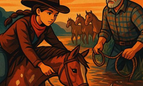 Mädchen: Jule, junge entschlossene Cowgirl, kastanienbraunes geflochtenes Haar, breiter Filzhut, braune Lederjacke und rotes Halstuch, nach vorn gelehnt auf ihrer gescheckten fuchsfarbenen Stute, den Arm nach einem im Wasser treibenden Halfter ausstreckend, konzentriertes Gesicht, glänzende Augen; Junge: Ben, älterer Cowboy (ca. 50), grauer Bart, abgenutzter Hut, karierte Hemd, steht am rechten Ufer mit einem Seil und sammelt die Pferde, besorgter aber beruhigender Blick zu Jule; ein hellgraues Fohlen zittert am linken Ufer dicht bei einer alten schützenden Stute, sieht Jule neugierig und ängstlich an; Szene in der Mitte des aufgewühlten Redstone River bei Sonnenuntergang: braunes Wasser mit lebhaften Spritzern, orangefarbene Spiegelungen, sichtbare Steine und hohes Ufergras; dynamische Komposition: Jule vorn links auf ihrer Stute, ausgestreckter Arm zum treibenden Halfter, Ben hinten rechts, Herde bildet diagonale Linie, tiefe Wolken in Orange und Rosa; Art-déco-Stil: klare geometrische Formen, warme Palette (Ocker, Rost, Blau-Grau), stilisierte Schatten, betonte Leder- und Mähnentexturen, klare Konturen und starke Kontraste; Stimmung: heroische Spannung und Abendwärme, stilisierte Bewegungsunschärfe der Spritzer, grafische Details im Wasser, Staub und metallische Reflexe des Halfters.