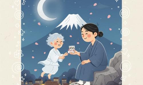 Haruto, a kind ~30-year-old man in a simple indigo kimono, sits on a rock by moonlight smiling and offering a small box of white mochi with an open hand; opposite him floats Kaito, a translucent boylike spirit of about 12 in flowing white robes with tousled hair and a surprised joyful expression; Mount Fuji silhouette and a large silver crescent moon rise in the background, pink cherry petals drift, a small Japanese village with brown tiled roofs and warm lanterns lies below, the scene is soft nighttime with deep blues, pink accents and warm lantern light, hands nearly touching to show tender friendship and wonder, with small white doodles (stars, music notes, tiny hearts) overlaid; style: flat youthful illustration, fine outlines, saturated colors, paper texture and soft shadows.