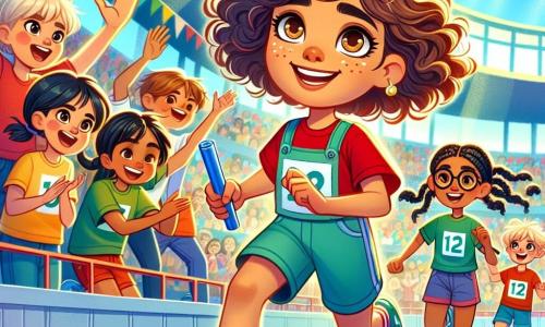 A 12-year-old girl, Lila, with curly brown hair and sparkling determined eyes, runs on a track, a wide smile on her face, arms outstretched to pass the baton to her teammate. Next to her, 12-year-old Zoe, with blonde braids and a red t-shirt, enthusiastically encourages her, her eyes shining with excitement. In the background, a 12-year-old boy, Ben, wearing glasses and blue shorts, claps with a big smile, while another girl, Priya, with black hair and a green t-shirt, jumps for joy with her arms raised. The scene takes place in a vibrant gymnasium, with stands filled with enthusiastic spectators, colorful banners fluttering above the track, and rays of sunlight filtering through the windows, illuminating the festive atmosphere. The main focus shows Lila in full stride, ready for the baton exchange, capturing the energy, teamwork spirit, and joy of the moment.