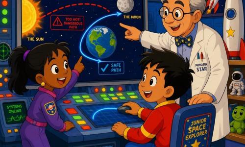 The main character is Leo, a round-faced boy with bright eyes and a curious smile, enthusiastic and focused, sitting before a large glowing screen tracing a rocket trajectory with a mouse; Maya, a girl with black hair in a ponytail, stands to Leo's left smiling and pointing at the screen; Mr. Star, a kindly mentor with salt-and-pepper hair and round glasses, stands behind them pointing at the display. They collaborate in a colorful space control room with blue walls, glowing panels, planet posters and a rocket model; on a large Earth–Moon map Leo alters a dangerous red path near the sun into a safe blue trajectory, creating a warm, optimistic atmosphere.